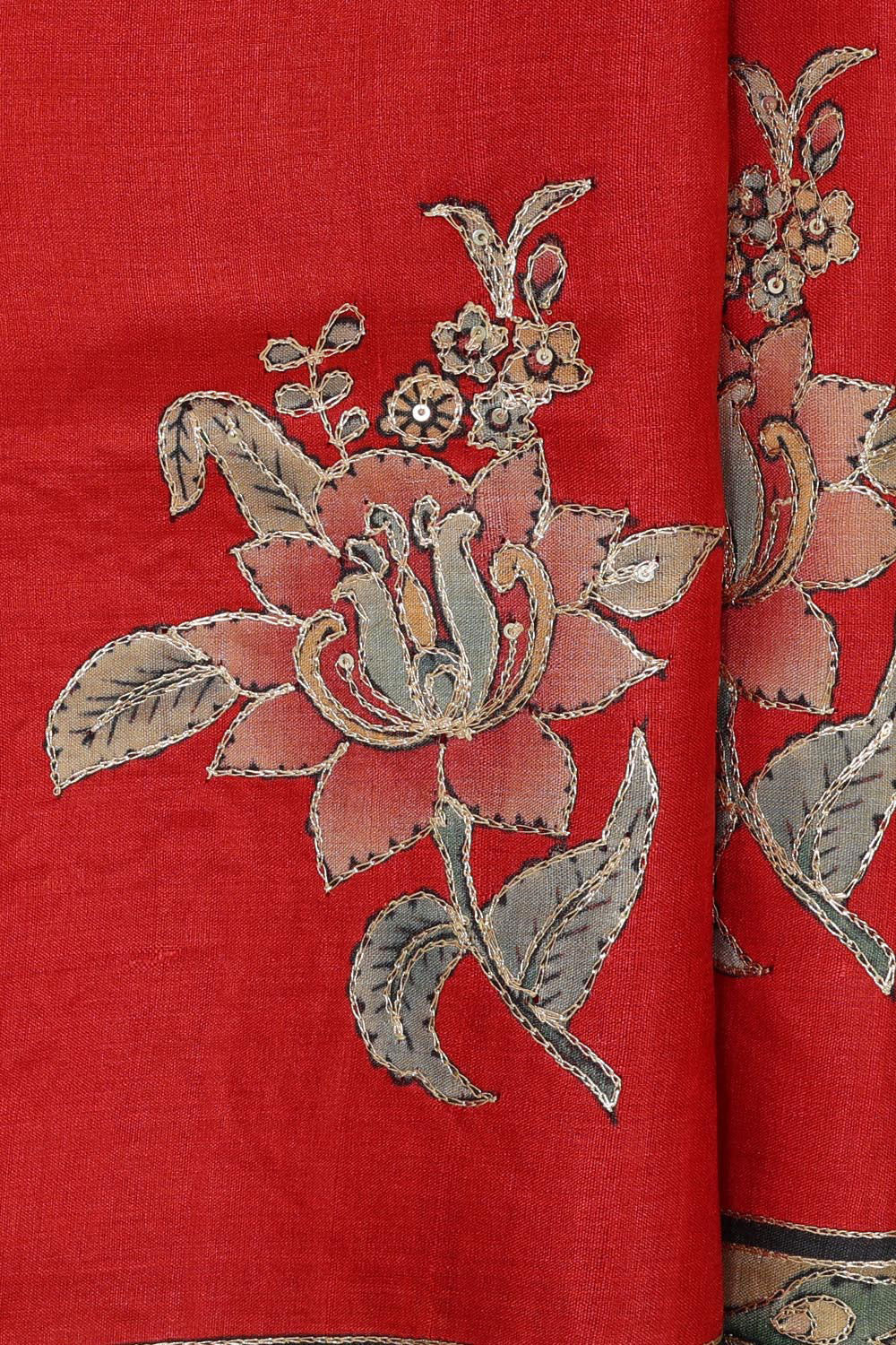 Printed Tussar Silk Red Saree