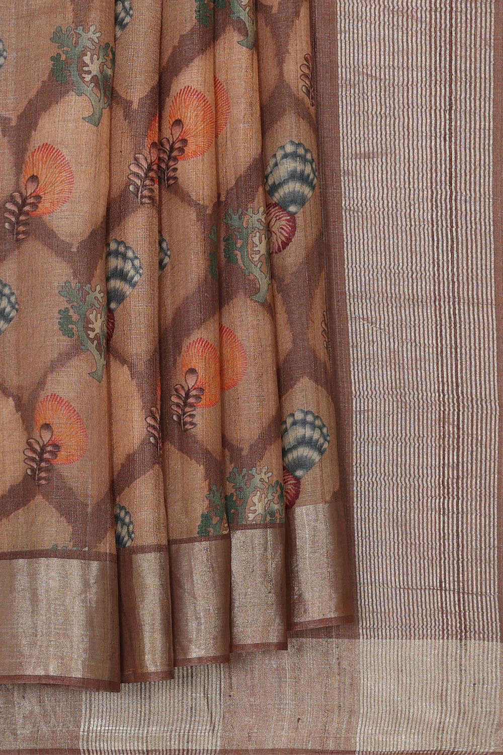 Image of Printed Tussar Silk Brown Saree