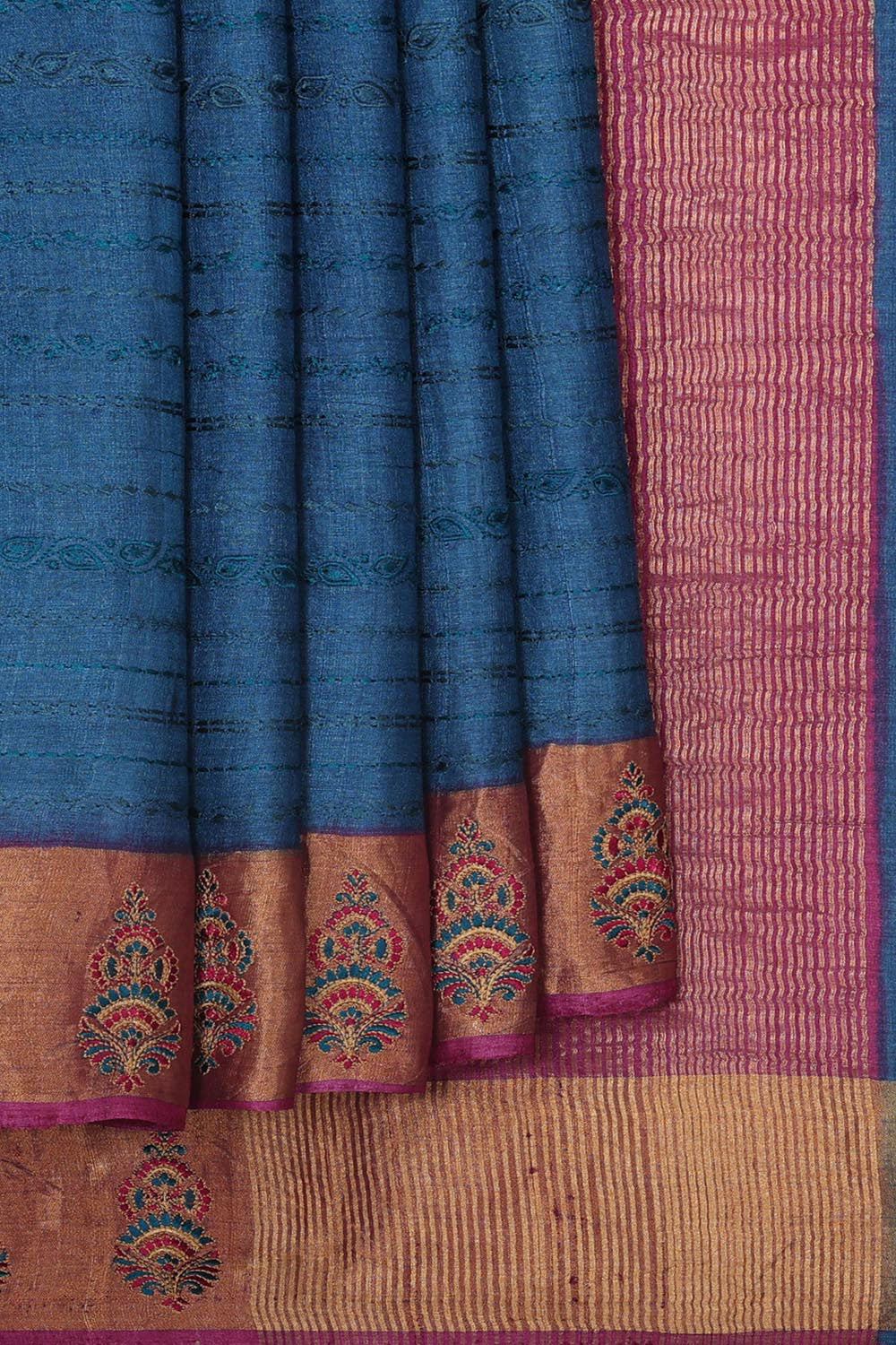 Tussar Jute Silk Peacock Blue Saree