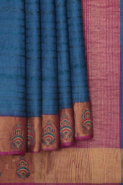 Image of Tussar Jute Silk Peacock Blue Saree