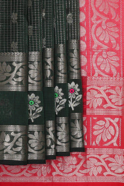 Collection of Mangalgiri Silk Dark Bottle Green Saree in a gallery layout