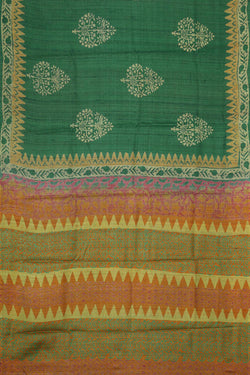 Image of Tussar Jute Silk Dark Green Saree