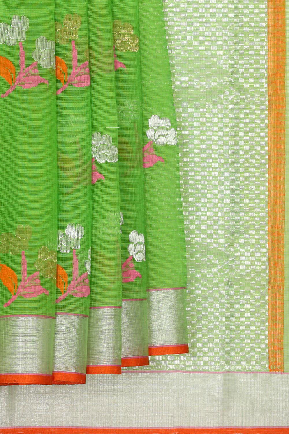 Collection of Zari Kota Parrot Green Colour Saree in a gallery layout