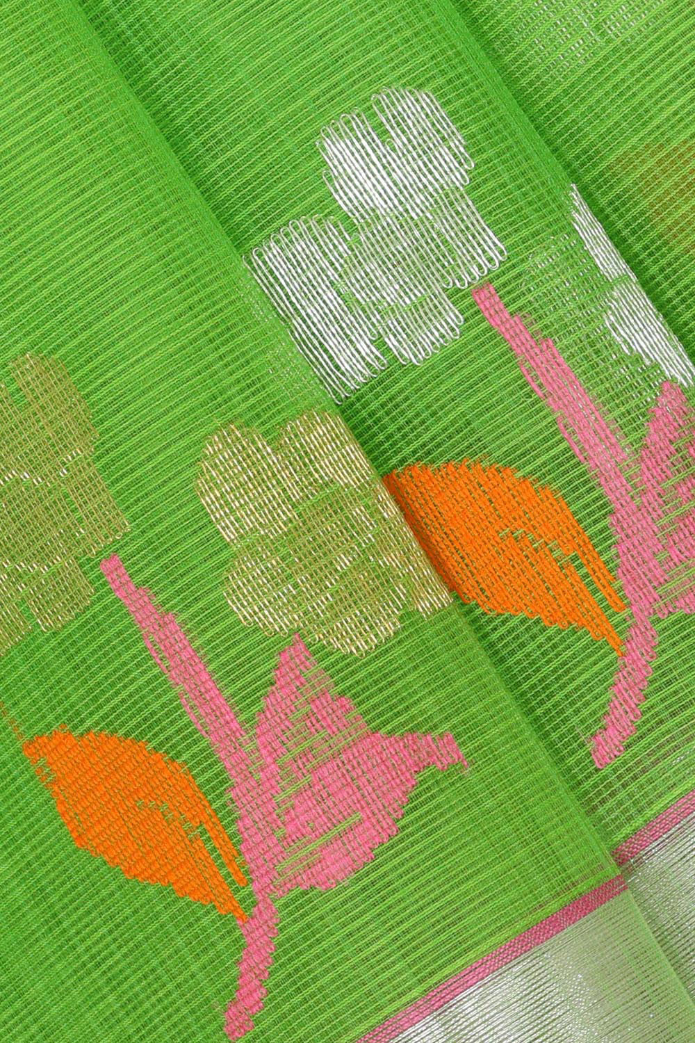 Collection of Zari Kota Parrot Green Colour Saree in a gallery layout