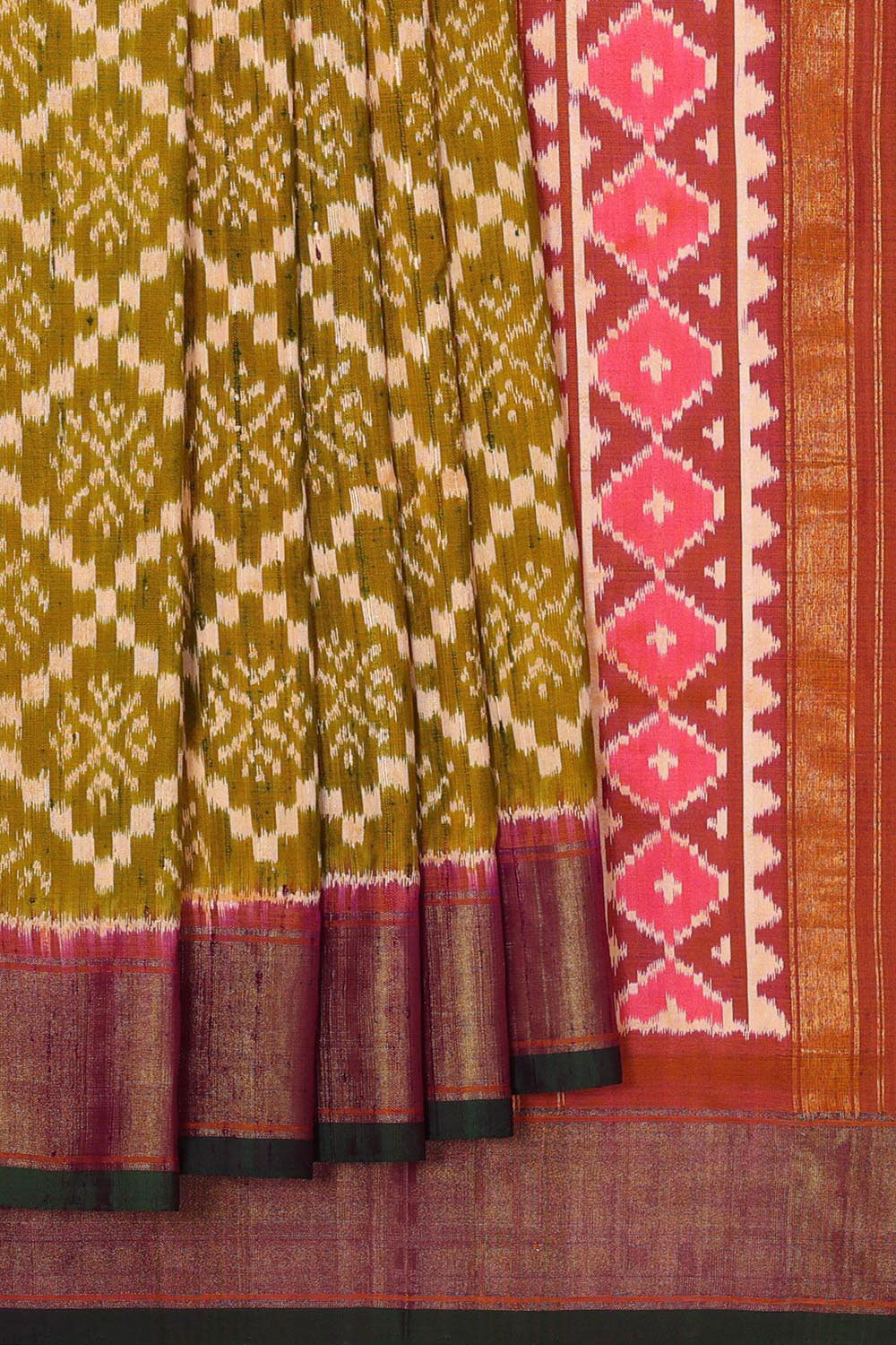 Collection of Pochampally Ikat Silk Green Saree in a gallery layout