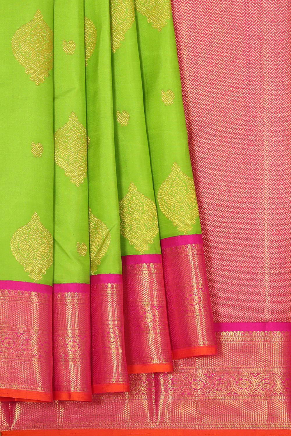 Collection of Arani Pattu Parrot Green Brocade Saree in a gallery layout