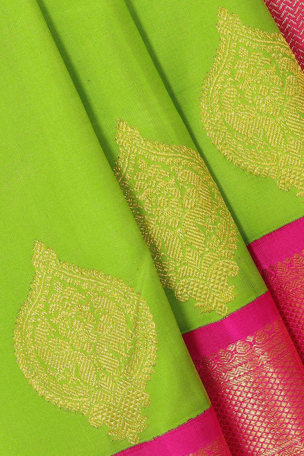 Collection of Arani Pattu Parrot Green Brocade Saree in a gallery layout