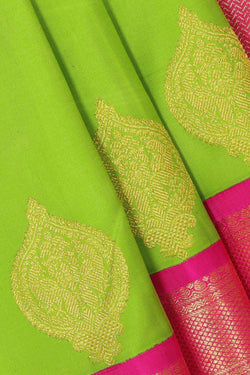 Collection of Arani Pattu Parrot Green Brocade Saree in a gallery layout