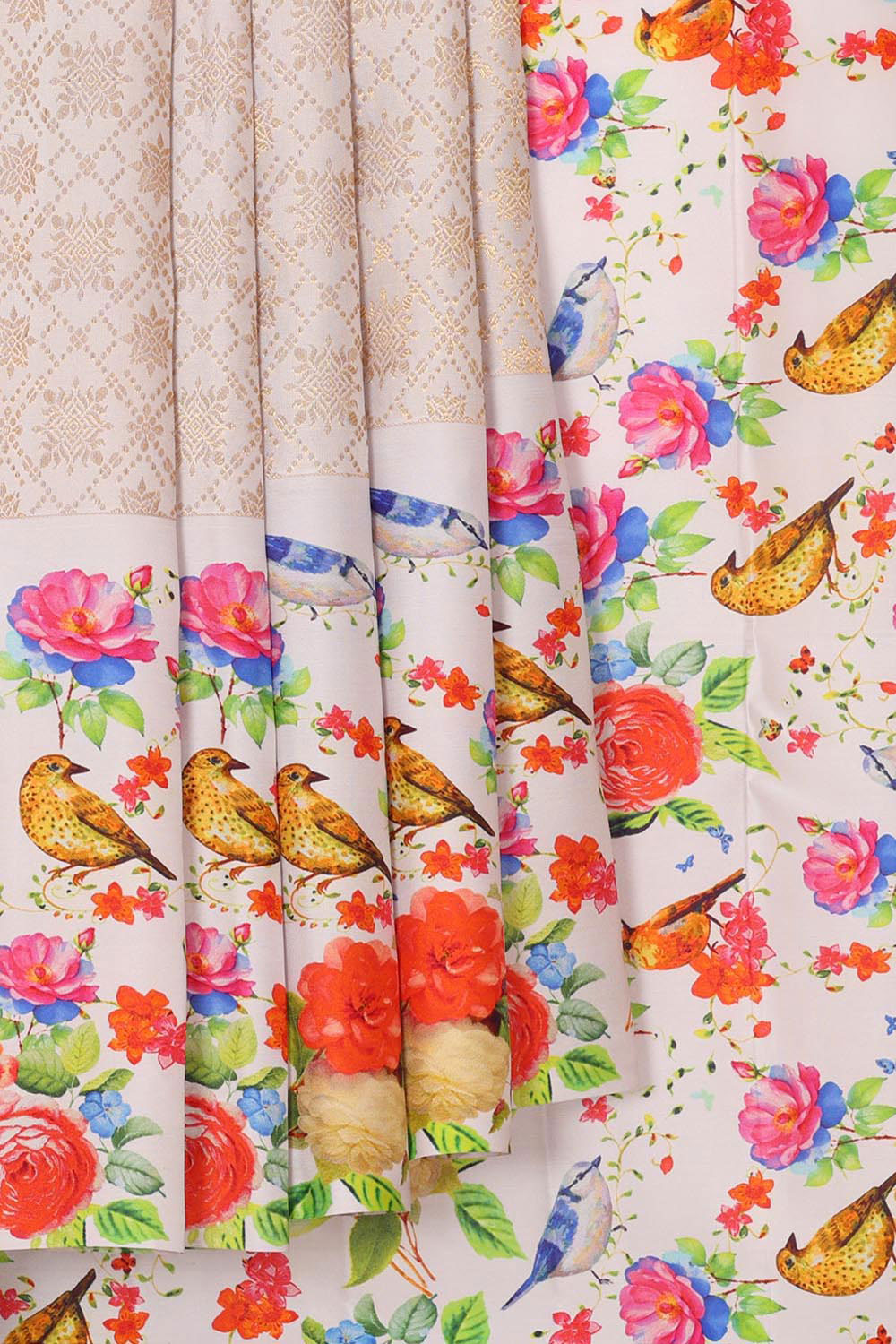 Collection of Kanchipattu Cream Colour Floral Saree in a gallery layout