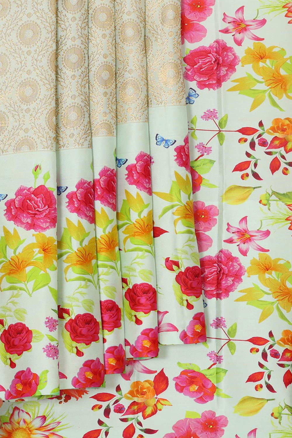 Collection of Kanchipattu Cream Colour Floral Saree in a gallery layout