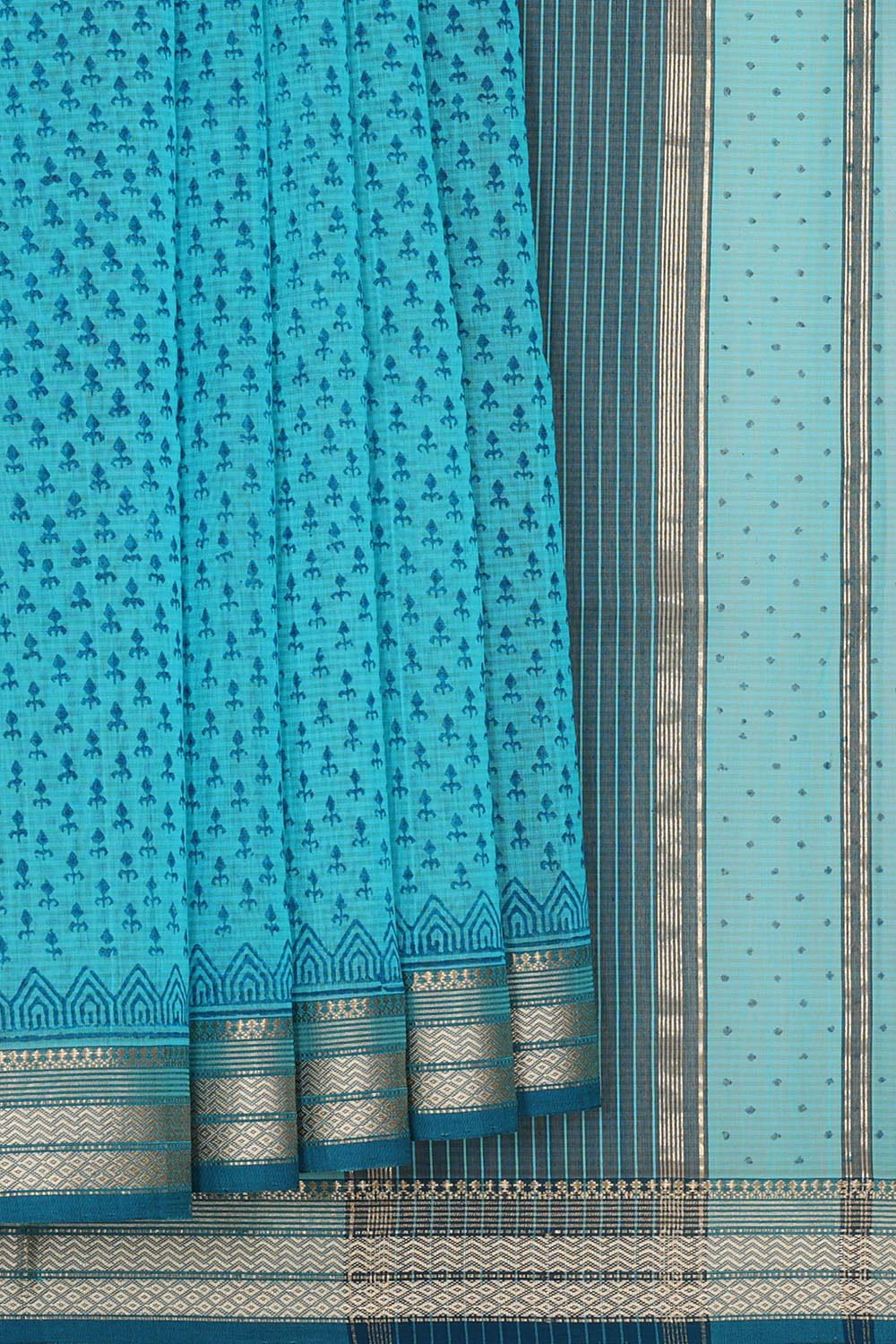 Collection of Maheshwari Cotton Block Printed Sky Blue Saree in a gallery layout