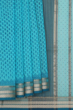 Collection of Maheshwari Cotton Block Printed Sky Blue Saree in a gallery layout