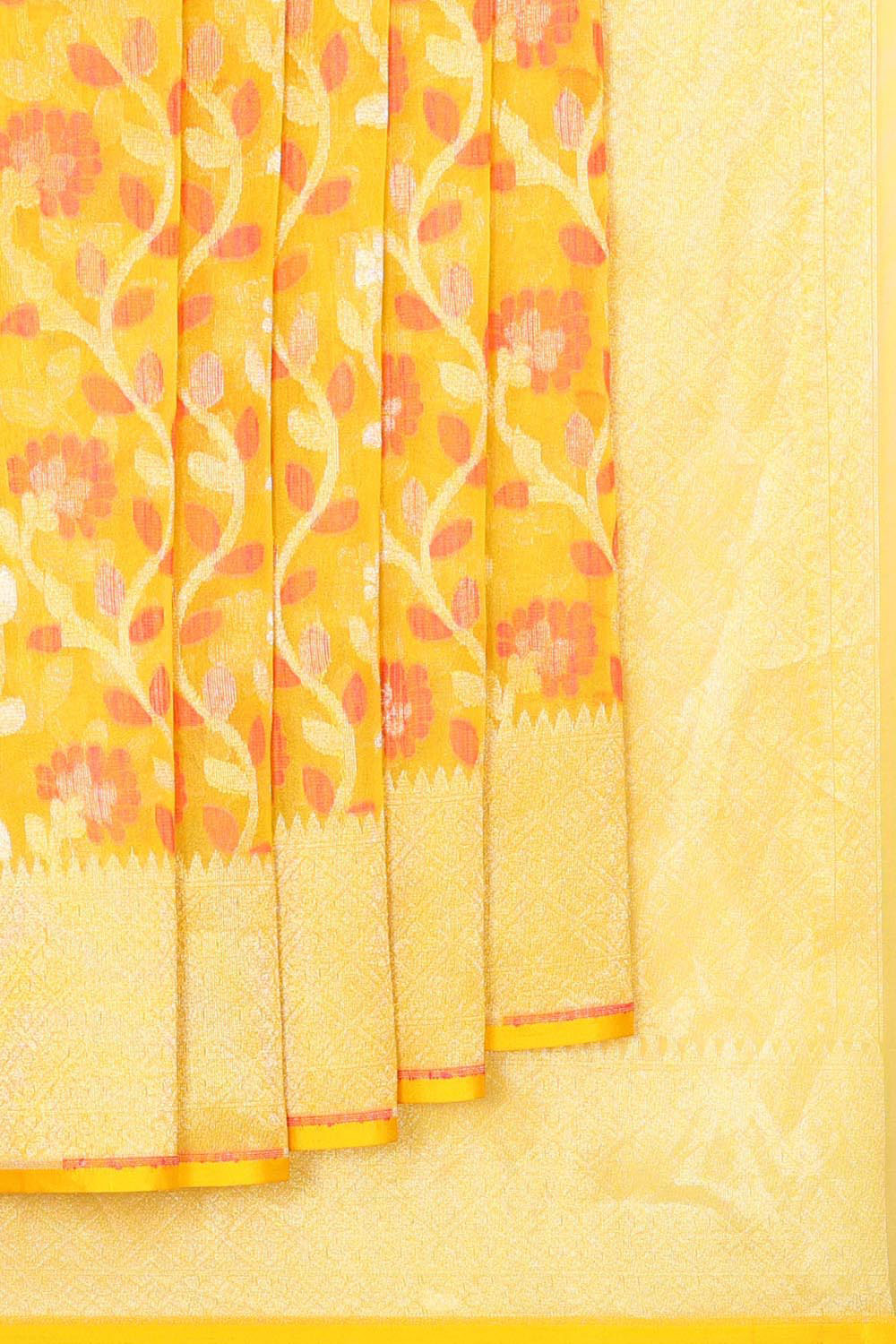 Collection of Banarasi Kora Silk Yellow Saree in a gallery layout