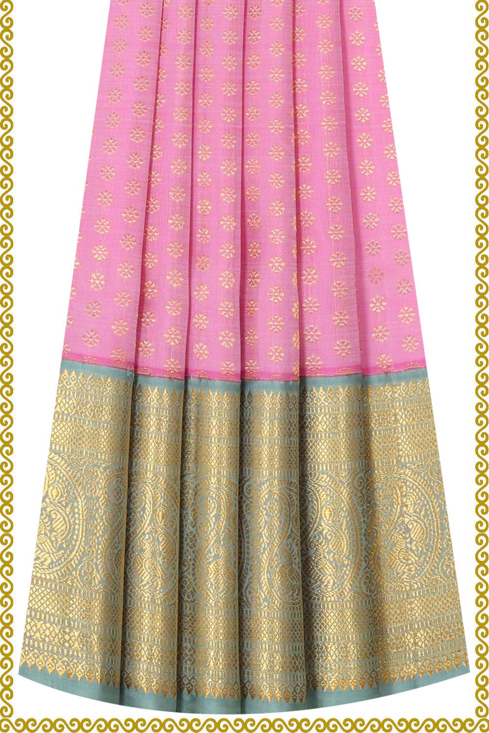 Collection of Kanchipattu Pink Pavada Unstitched Set in a gallery layout