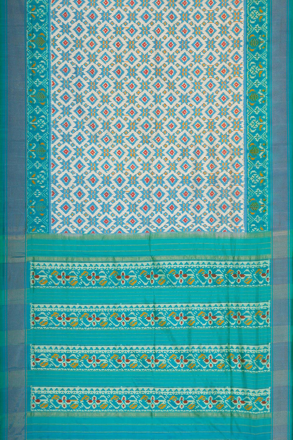 Ikat Silk Cream-Blue Saree