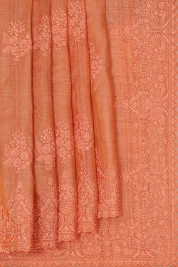 Image of Tussar Jute Peach Embroidered Saree