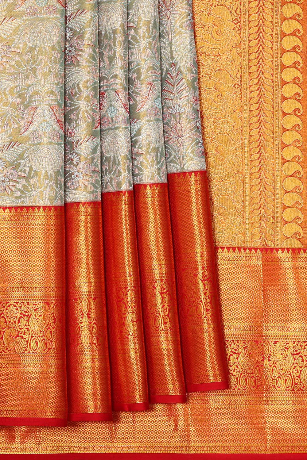 Collection of Kanchipattu Light Pista Green Tissue Brocade Saree in a gallery layout