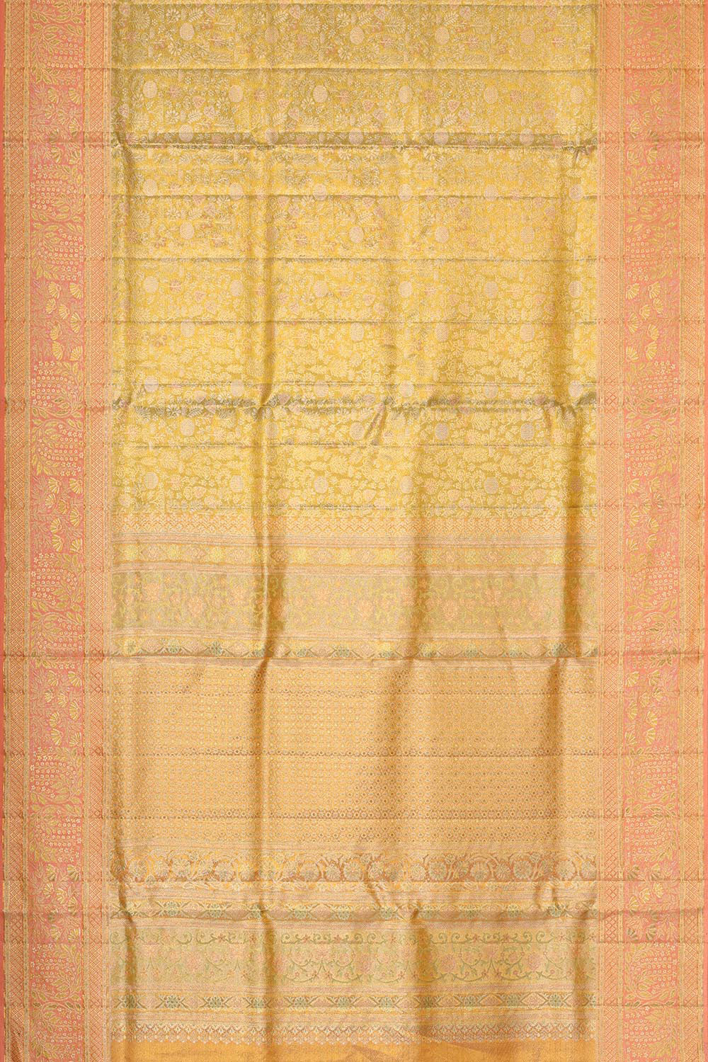 Collection of Kanchipattu Golden Parrot Green Brocade Saree in a gallery layout