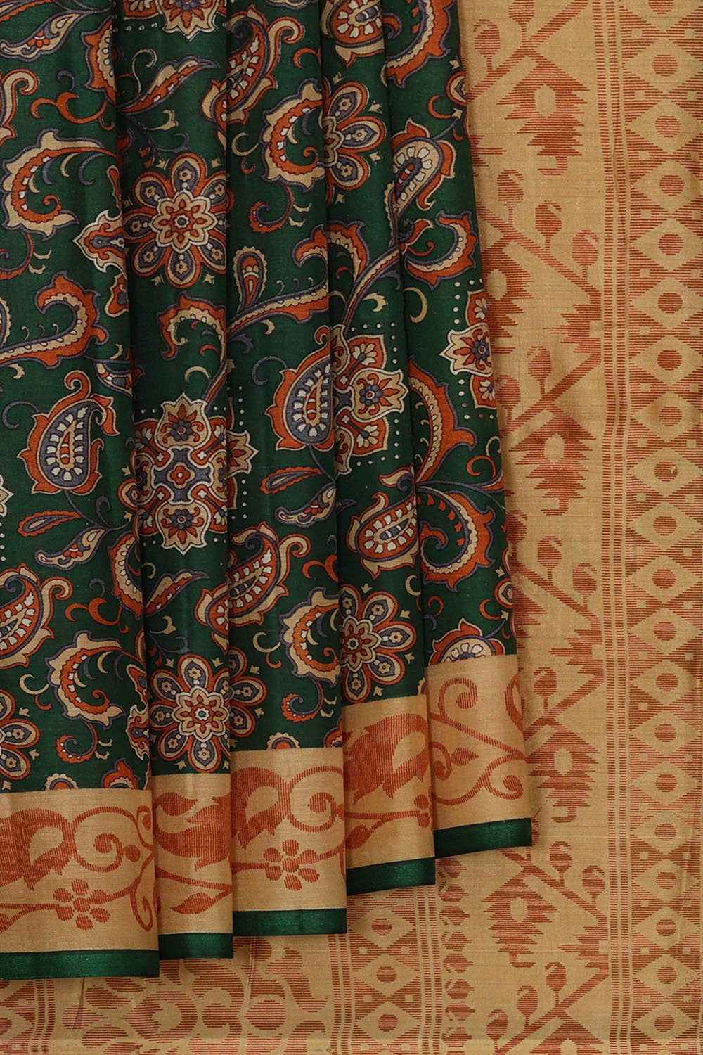 Printed Bottle Green Silk Saree