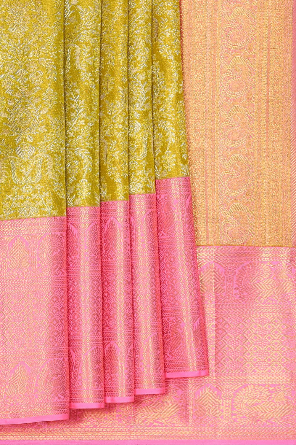 Collection of Kanchipattu Parrot Green Tissue Brocade Saree in a gallery layout