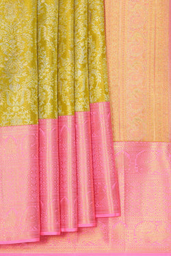 Collection of Kanchipattu Parrot Green Tissue Brocade Saree in a gallery layout