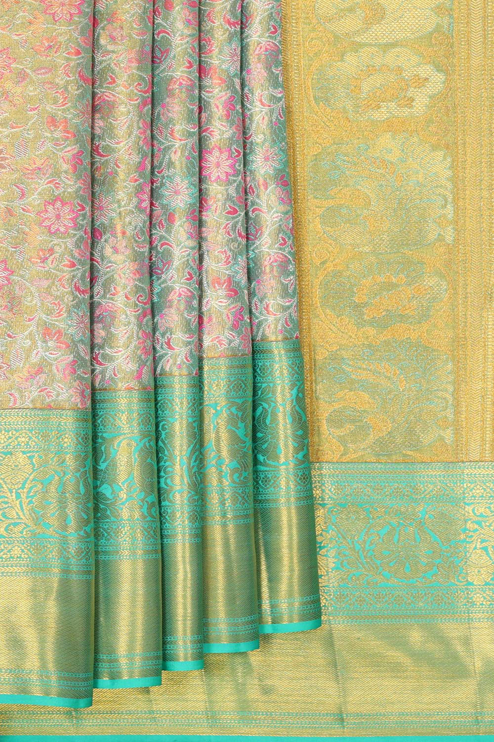 Collection of Kanchipattu Golden Aqua Blue Tissue Brocade Saree in a gallery layout