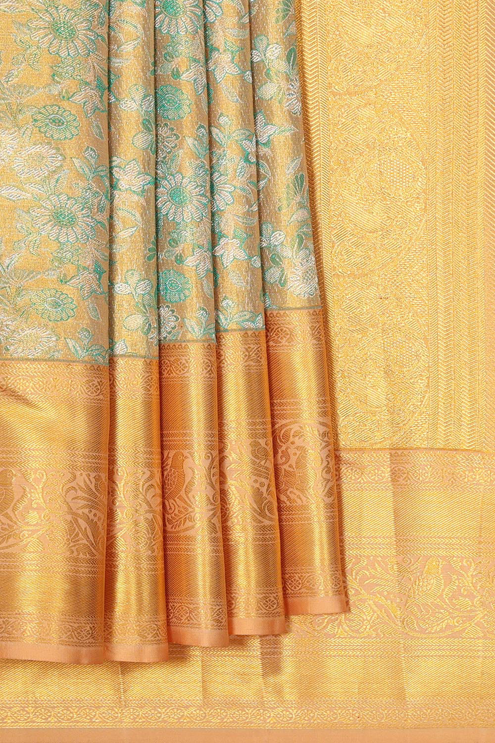 Collection of Kanchipattu Creamy Gold Tissue Brocade Saree in a gallery layout