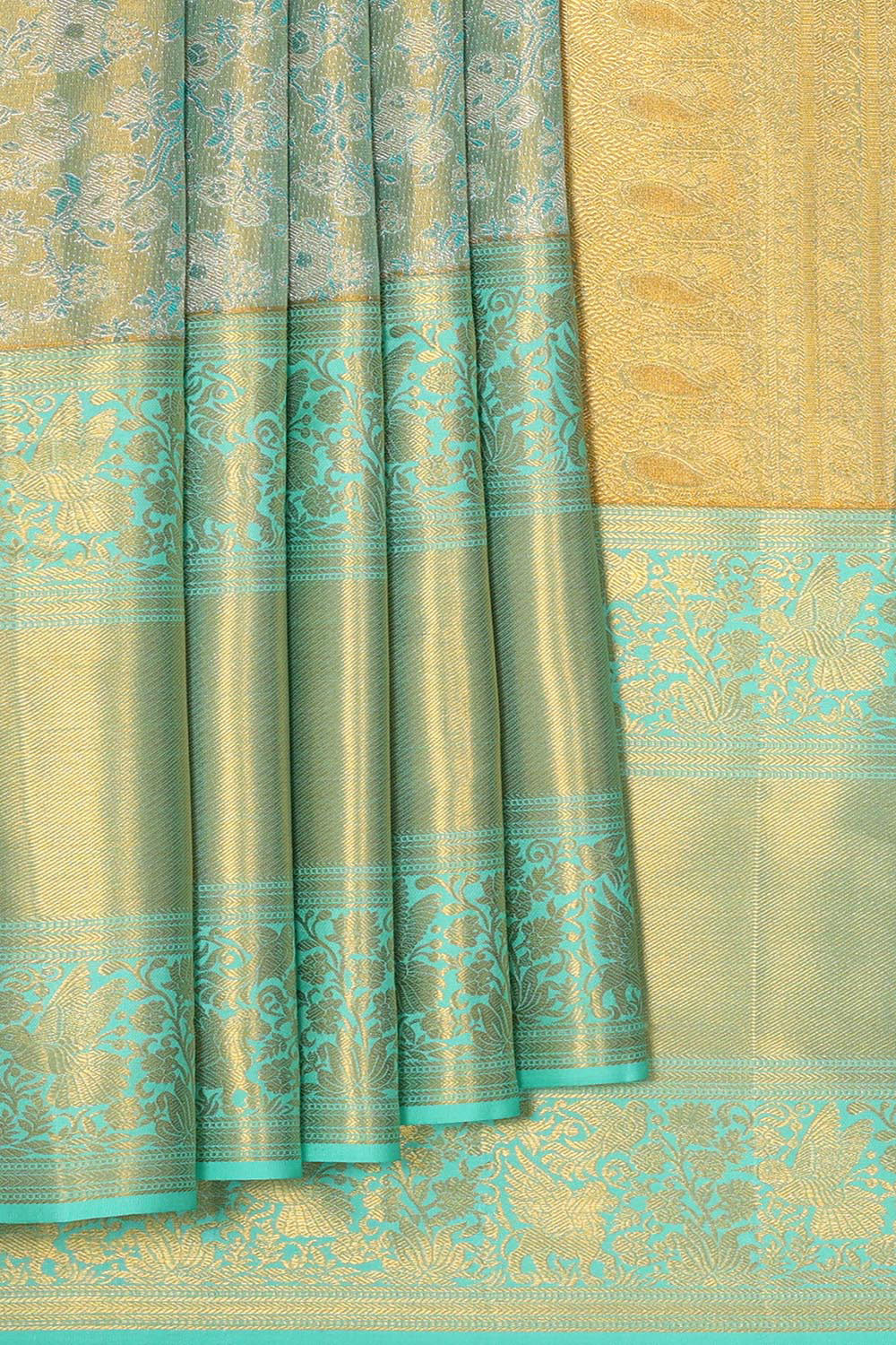 Collection of Kanchipattu Turquoise Blue Tissue Brocade Saree in a gallery layout