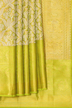 Collection of Kanchipattu Parrot Green Tissue Brocade Saree in a gallery layout