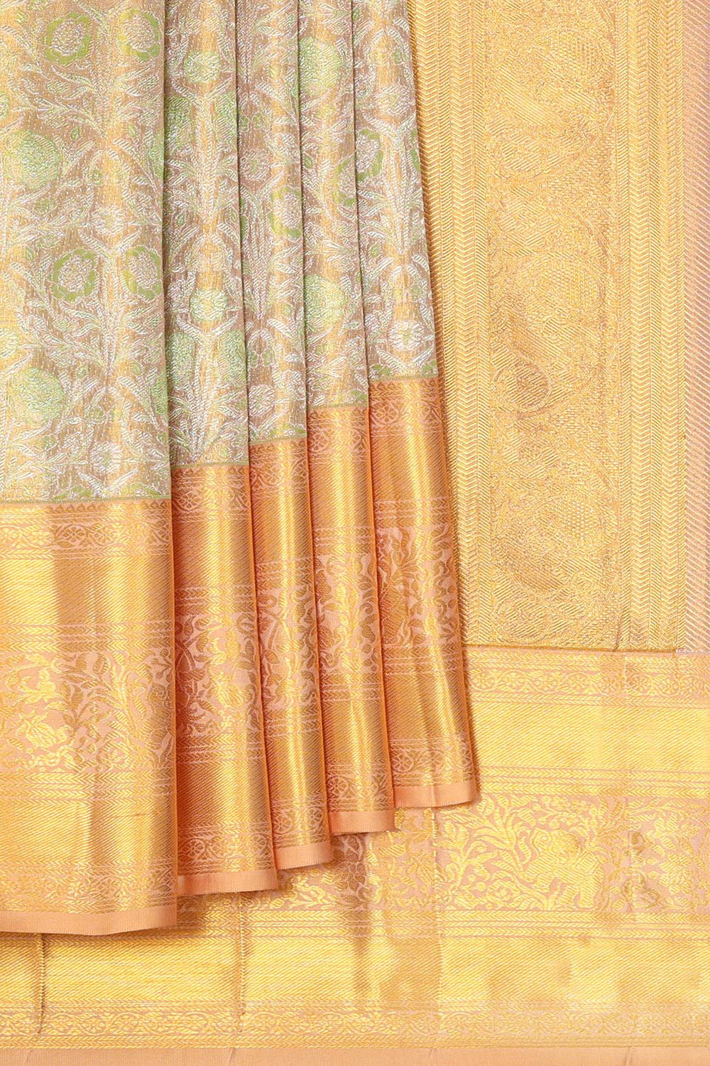 Collection of Kanchipattu Creamy Gold Tissue Brocade Saree in a gallery layout