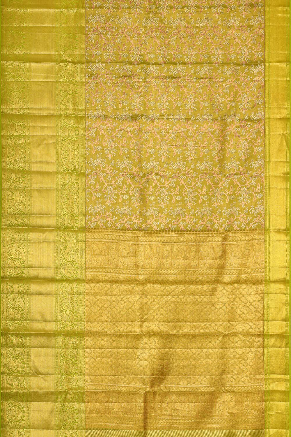 Collection of Kanchipattu Parrot Green Tissue Brocade Saree in a gallery layout