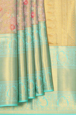 Collection of Kanchipattu Golden Turquoise Blue Tissue Brocade Saree in a gallery layout