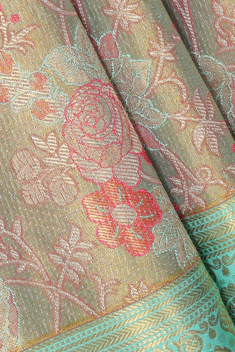 Collection of Kanchipattu Golden Turquoise Blue Tissue Brocade Saree in a gallery layout