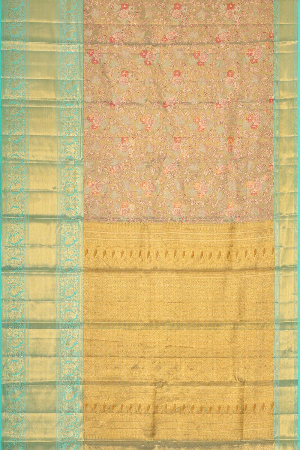 Collection of Kanchipattu Golden Turquoise Blue Tissue Brocade Saree in a gallery layout