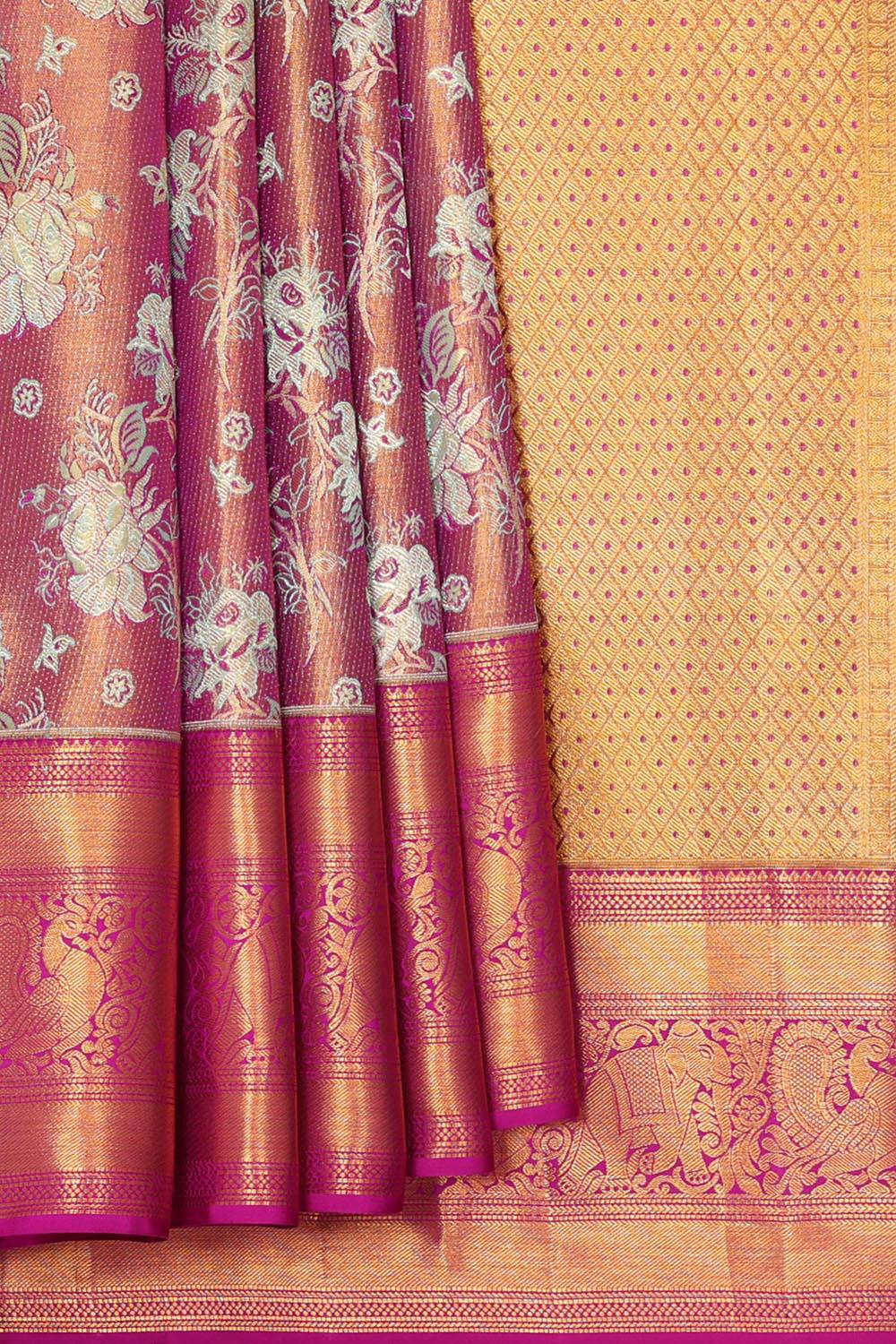 Collection of Kanchipattu Purple Tissue Brocade Saree in a gallery layout