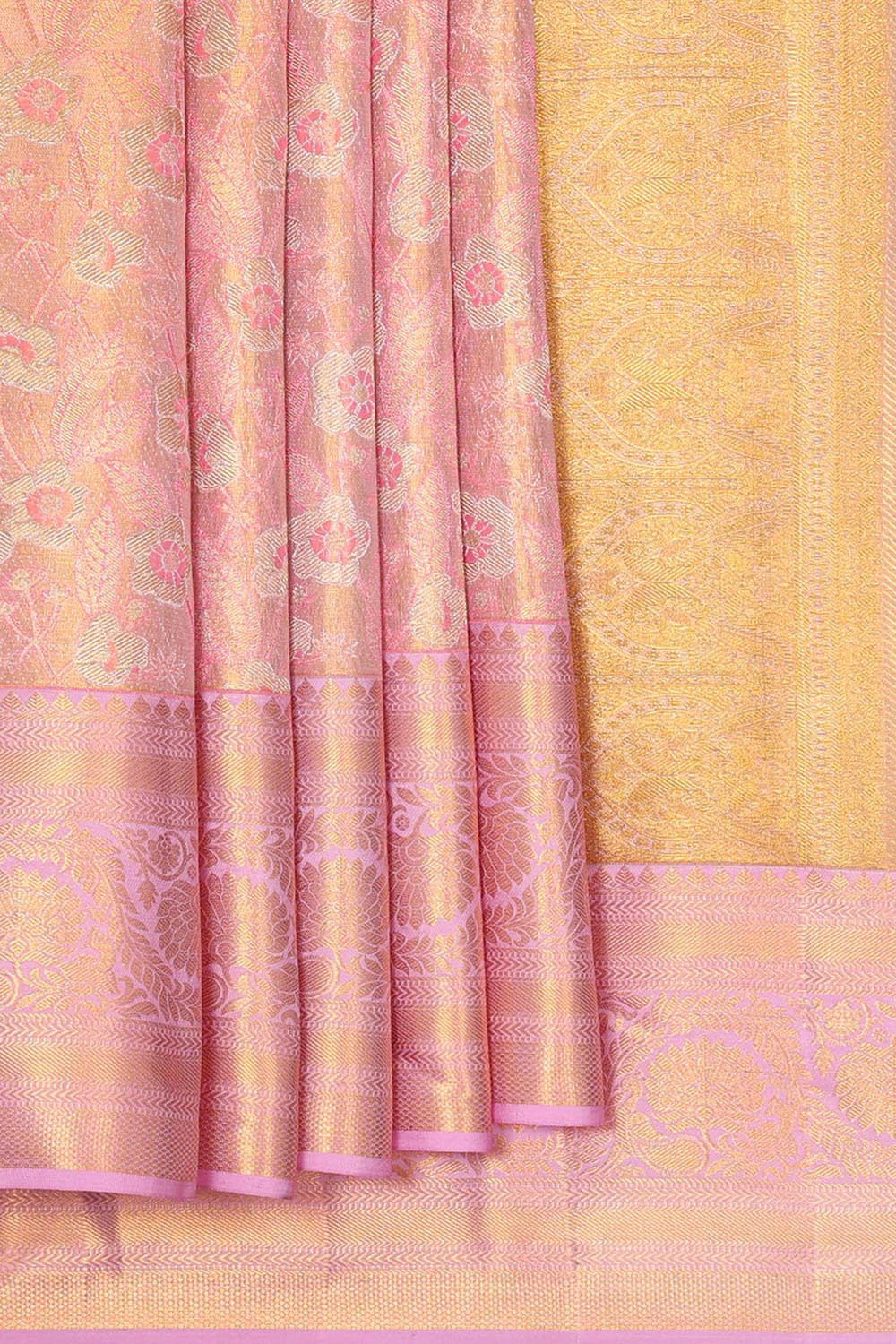 Collection of Kanchipattu Golden Lavender Pink Tissue Brocade Saree in a gallery layout