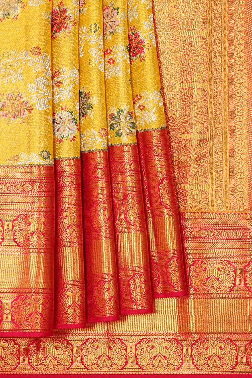 Collection of Kanchipattu Golden Yellow Tissue Brocade Saree in a gallery layout