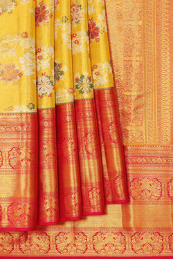 Collection of Kanchipattu Golden Yellow Tissue Brocade Saree in a gallery layout