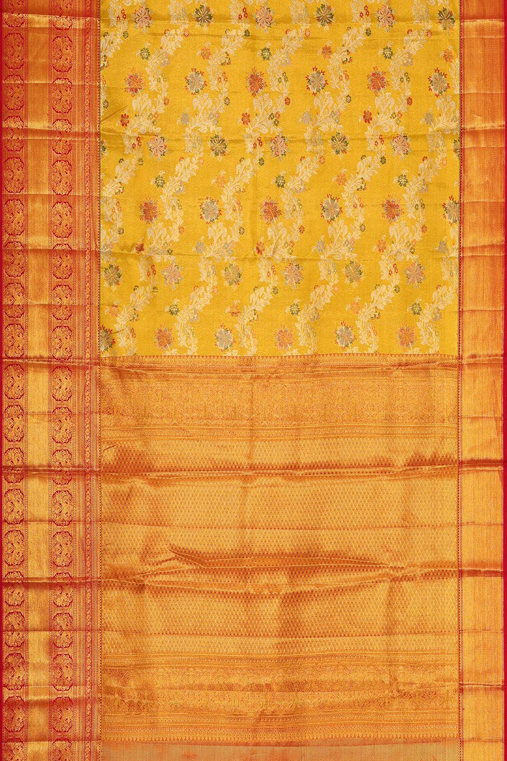 Collection of Kanchipattu Golden Yellow Tissue Brocade Saree in a gallery layout