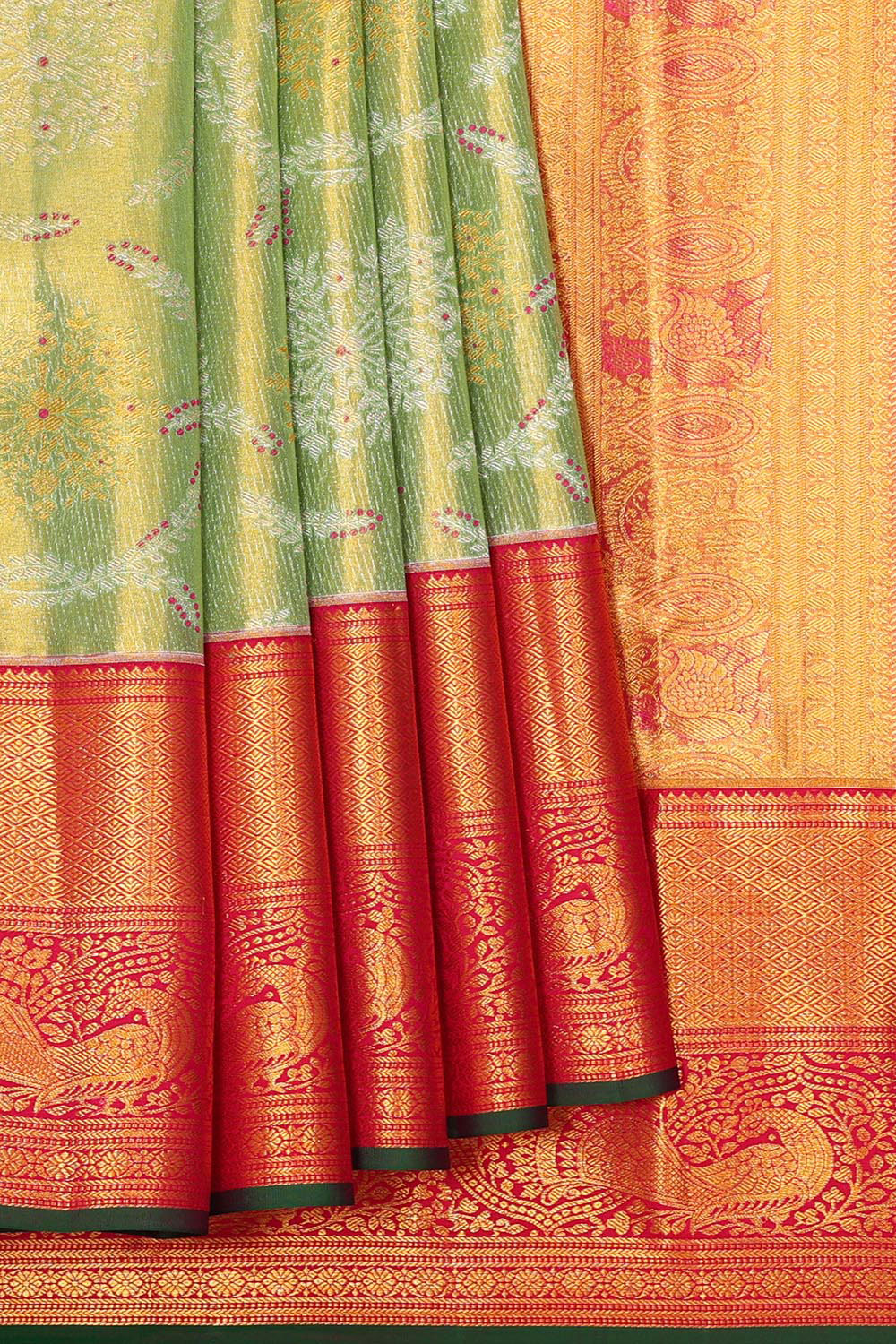 Collection of Kanchipattu Light Parrot Green Tissue Brocade Saree in a gallery layout