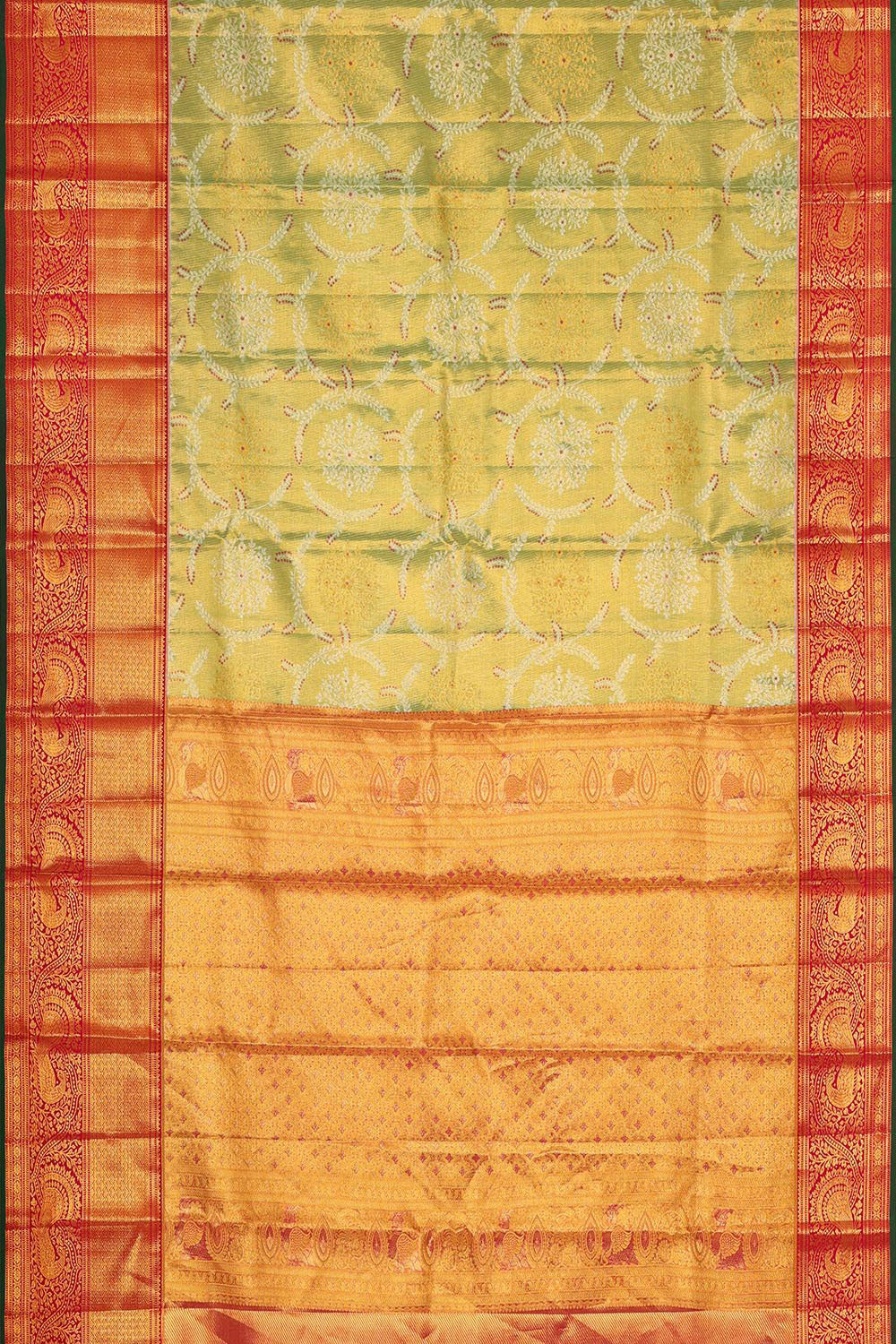 Collection of Kanchipattu Light Parrot Green Tissue Brocade Saree in a gallery layout