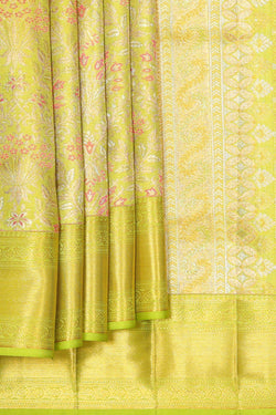 Collection of Kanchipattu Parrot Green Brocade Saree in a gallery layout