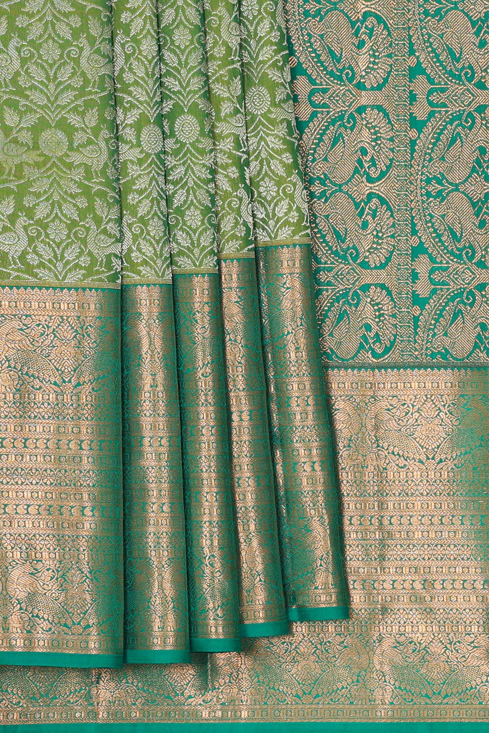 Collection of Kanchipattu Golden Green Brocade Saree in a gallery layout