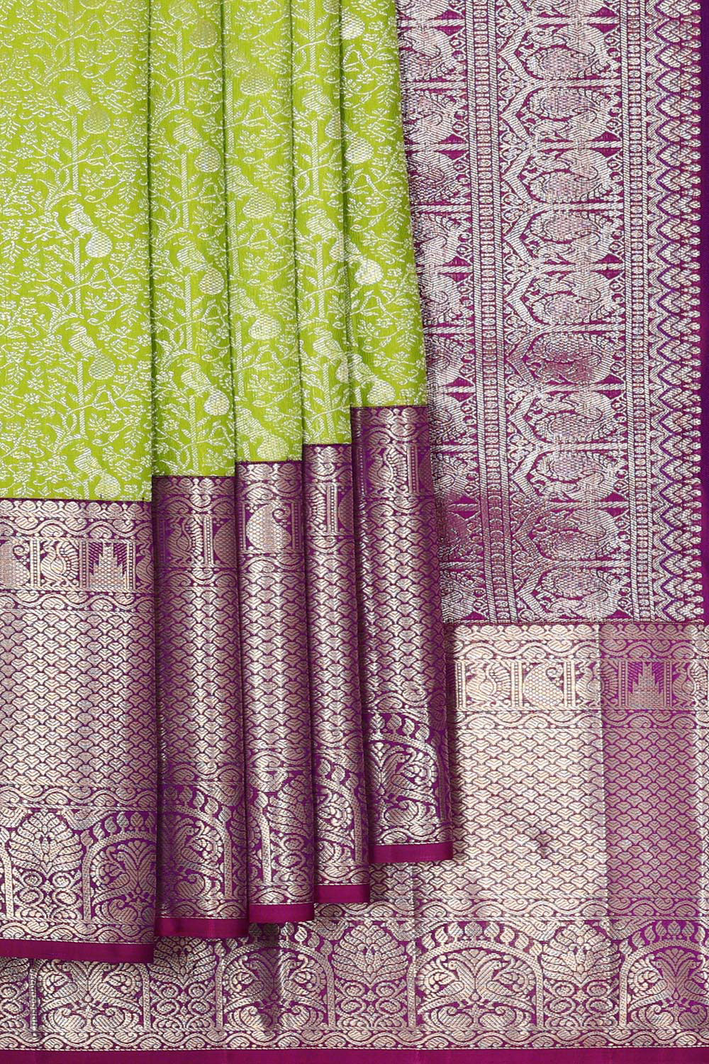 Collection of Kanchipattu Parrot Green Brocade Saree in a gallery layout