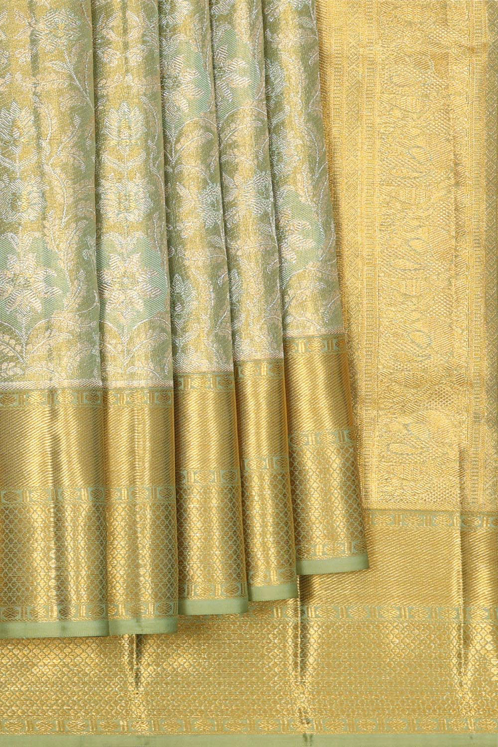 Collection of Kanchipattu Pista Green Tissue Brocade Saree in a gallery layout