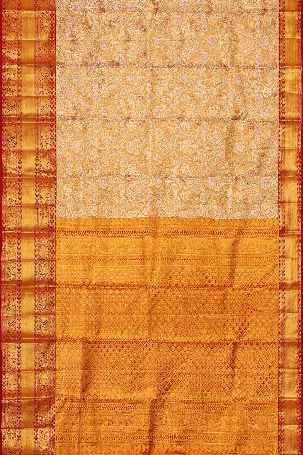 Collection of Kanchipattu Creamy Gold Tissue Brocade Saree in a gallery layout