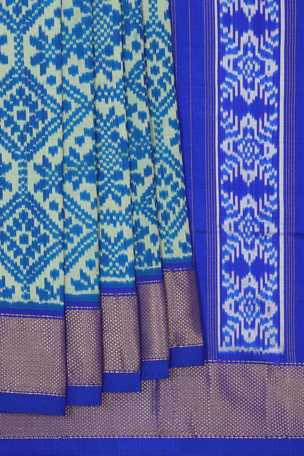 Ikat Silk Cream-Blue Saree