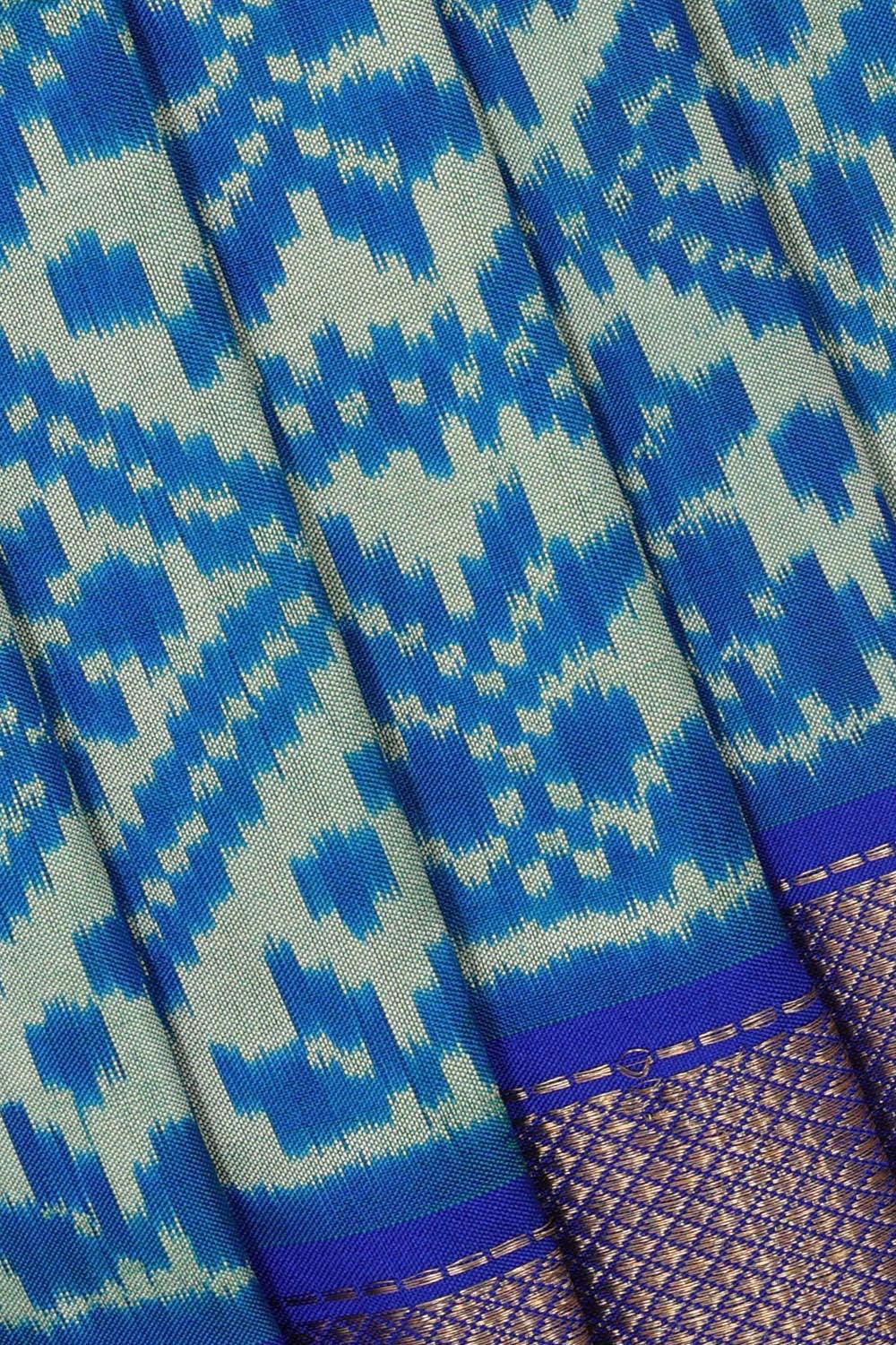 Ikat Silk Cream-Blue Saree