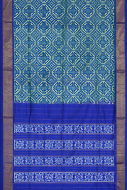 Image of Ikat Silk Cream-Blue Saree