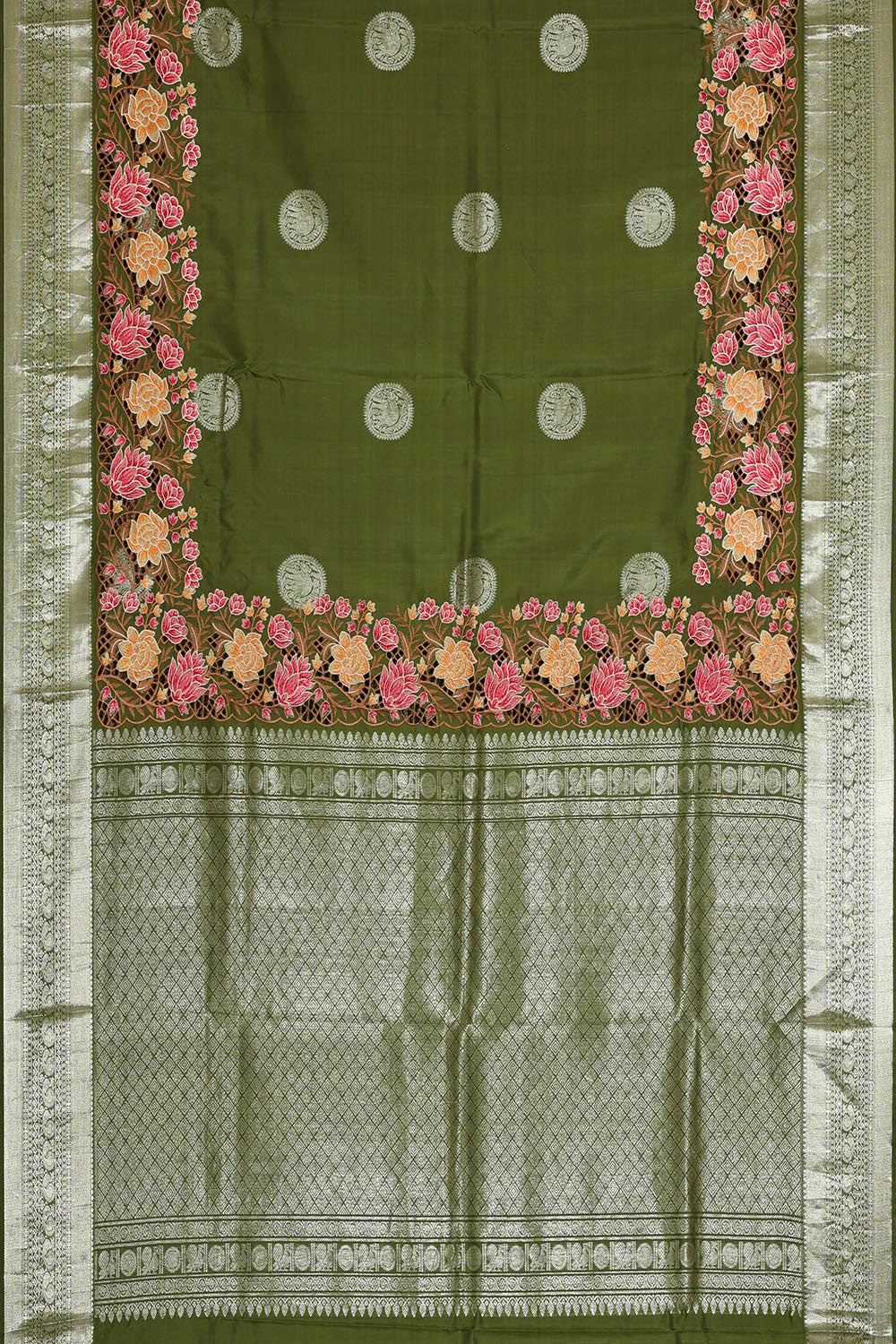 Image of Kanchipattu Forest Green Embroidered Saree